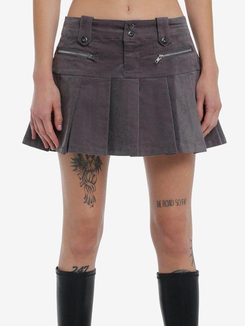 Pleated lowrise Mini Skirt dark Gray corduroy Y2K with zipper/ button details